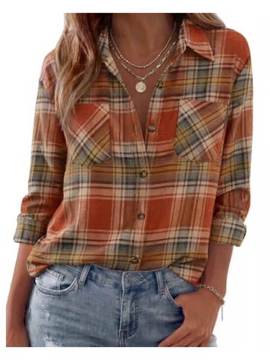 Tops - Women's Lightweight Flannel Plaid Long Sleeve Button Down Oversized Shirt